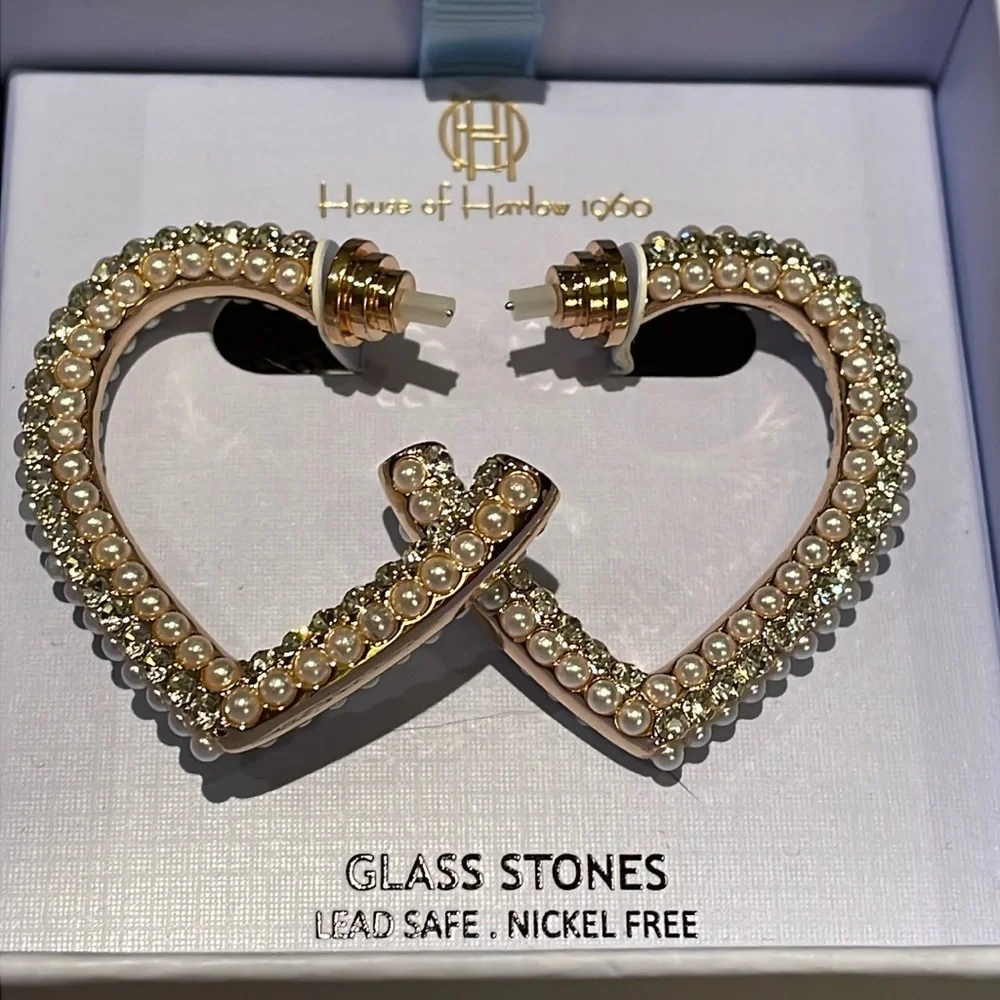House Of Harlow 1960 Pearl & Glass Open Heart Earrings New In Box